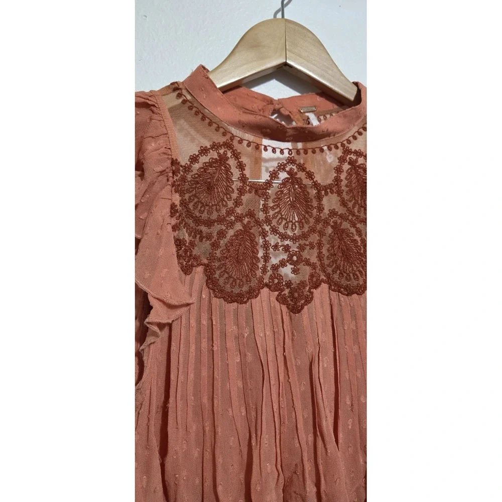 FREE PEOPLE Sheer Orange Embroidered Party Not Over Boho Top‎ XS Ruffle Hippie